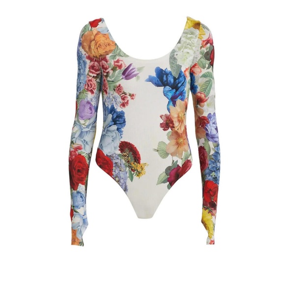 Alice + Olivia Tops - NEW Alice + Olivia Rhys Ballet Neck Bodysuit Floral Long Sleeve White Size S